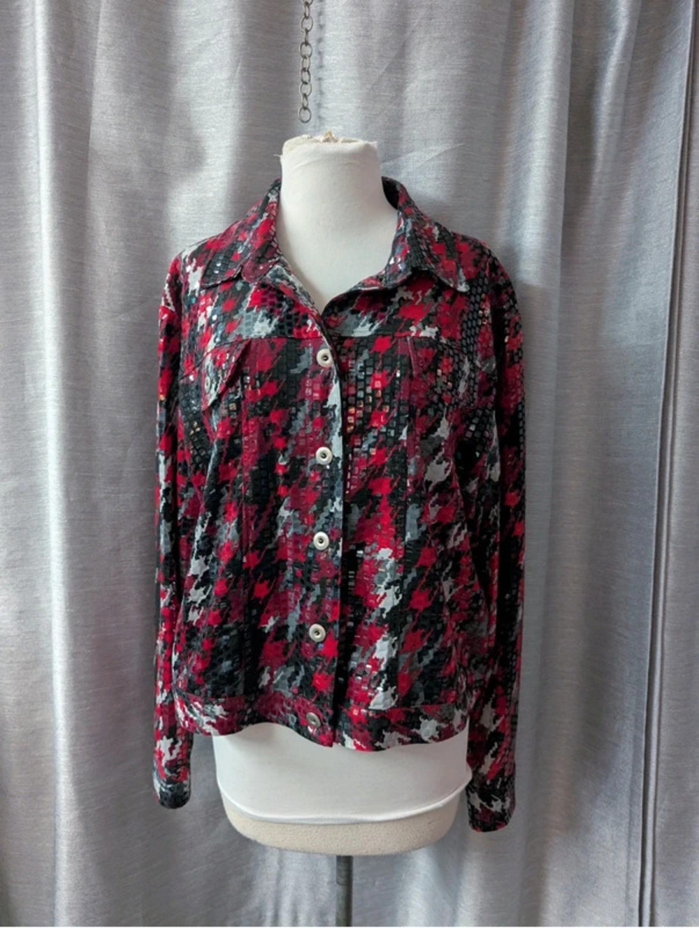 Red Sparkly Camo Print Jean Jacket L